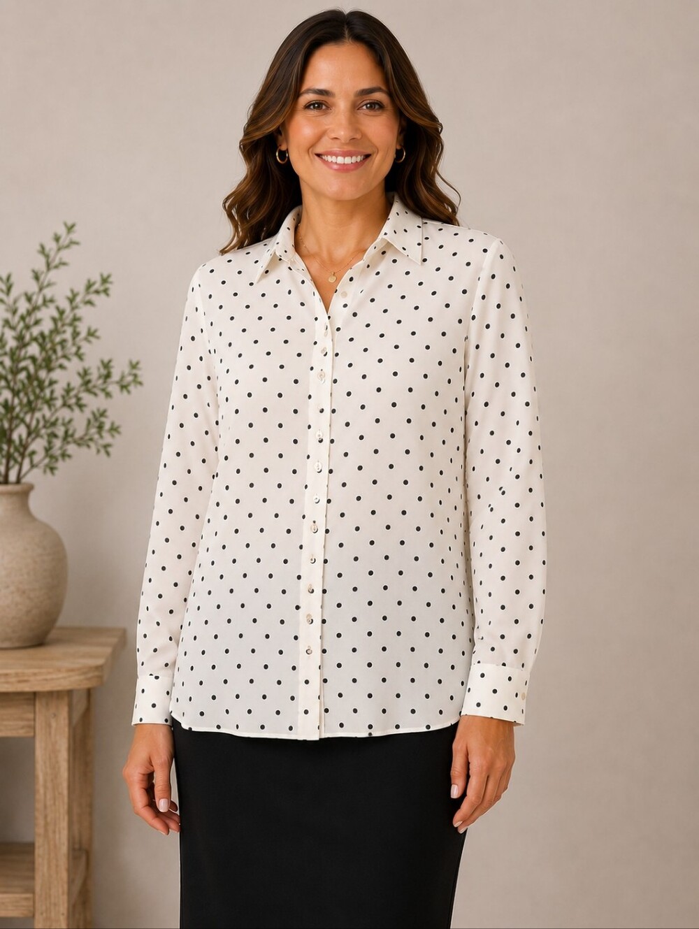 H&M White Black Polka Dot Button Down Blouse Size 18 A-278